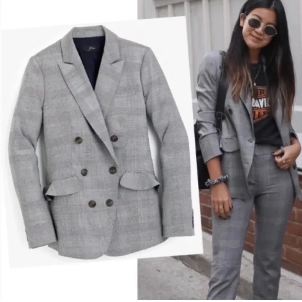 J. Crew Glen Plaid Double Breasted Wool Ruffle Pocket Blazer Jacket  Size 4
